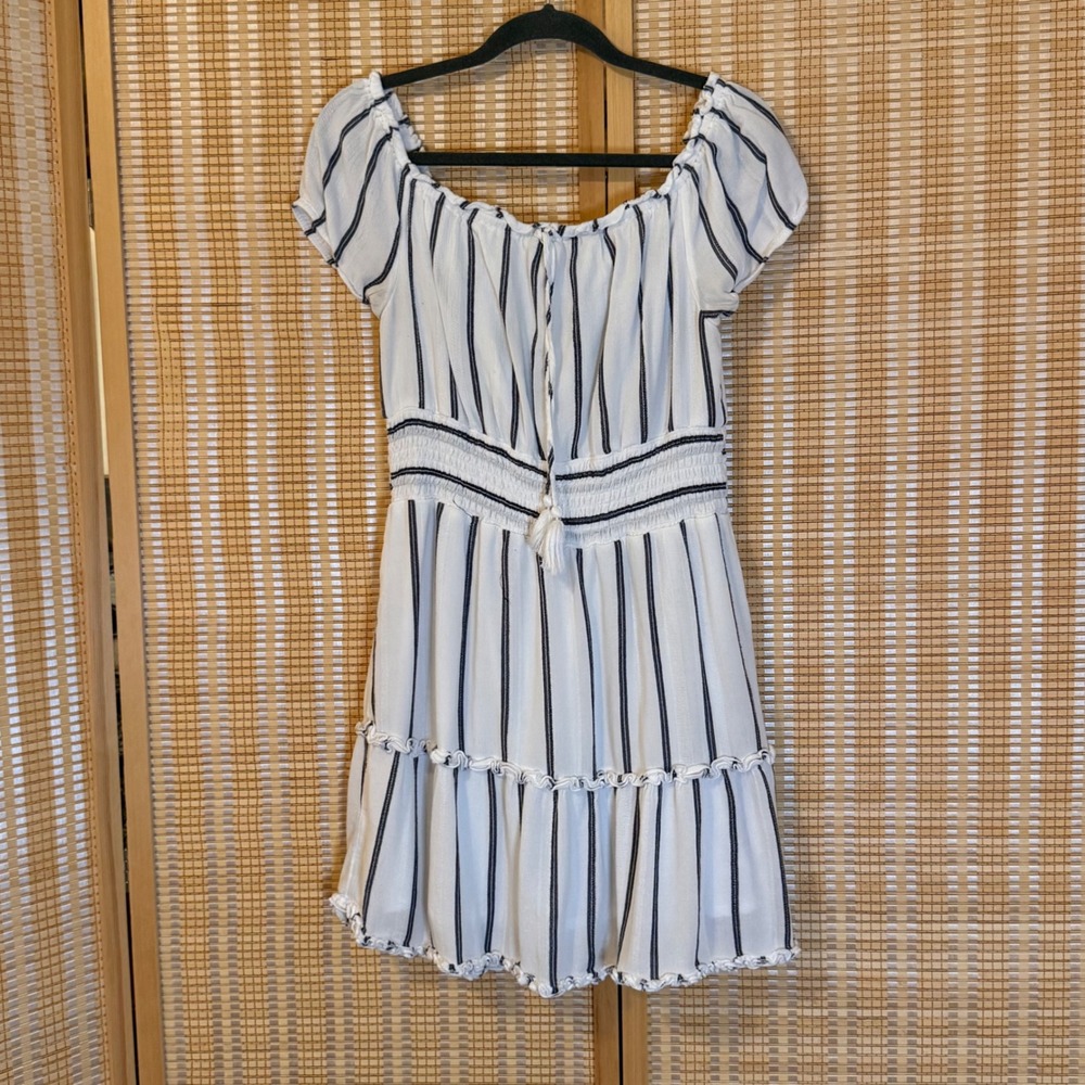 American Eagle Striped Off The Shoulder Smocked Mini Dress White Navy Blue Large